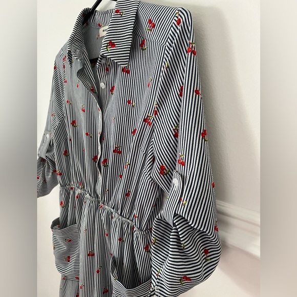 Monteau Dress Cherries Striped navy white m medium pockets buttons summer - Picture 9 of 13